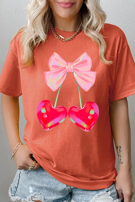 Cherry Pink Bow Graphic Heavyweight T Shirts