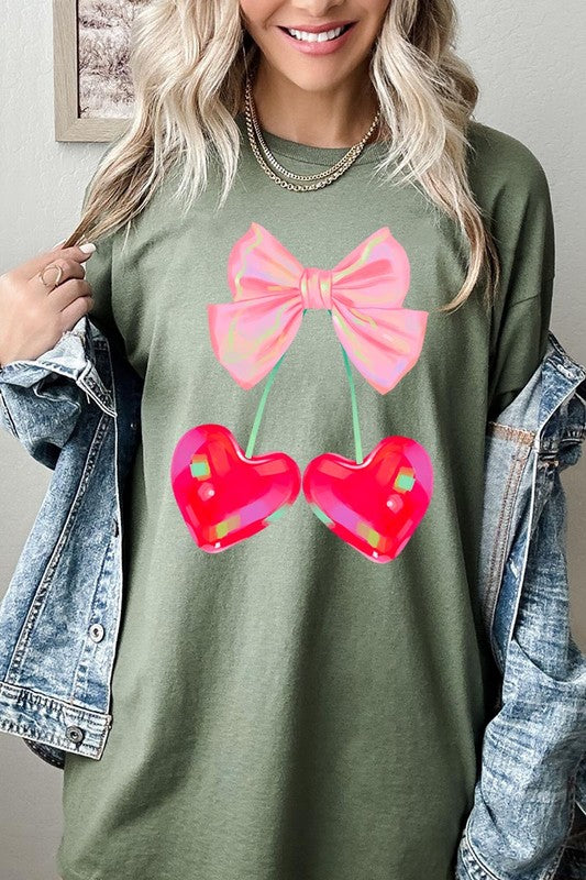 Cherry Pink Bow Graphic Heavyweight T Shirts