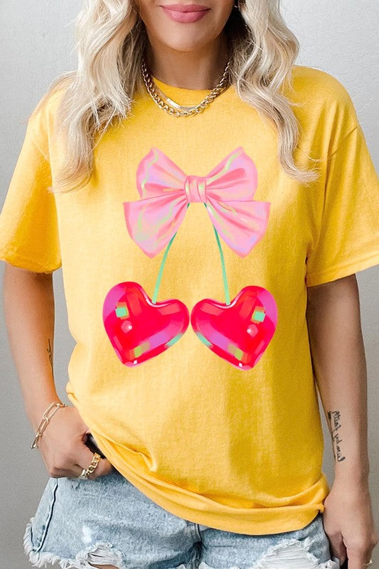 Cherry Pink Bow Graphic Heavyweight T Shirts