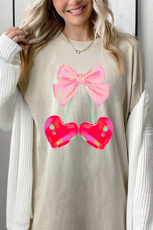 Cherry Pink Bow Graphic Heavyweight T Shirts