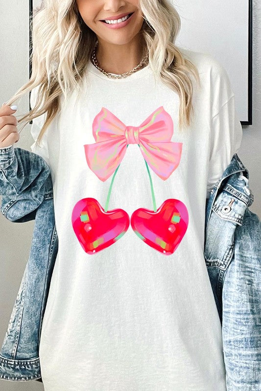 Cherry Pink Bow Graphic Heavyweight T Shirts