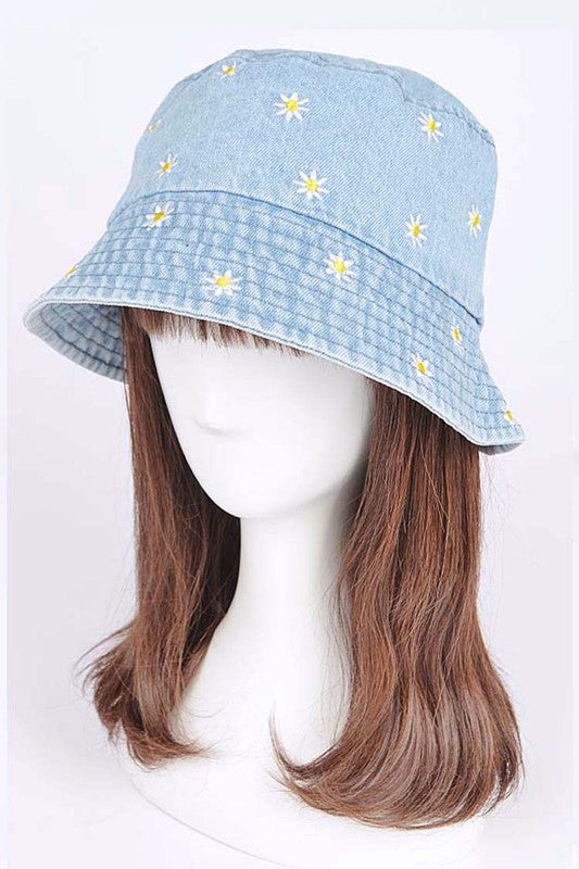 Flower Embroidered Denim Bucket Hat