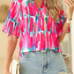 Abstract Brushwork Print Buttoned V Neck Blouse