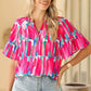 Abstract Brushwork Print Buttoned V Neck Blouse