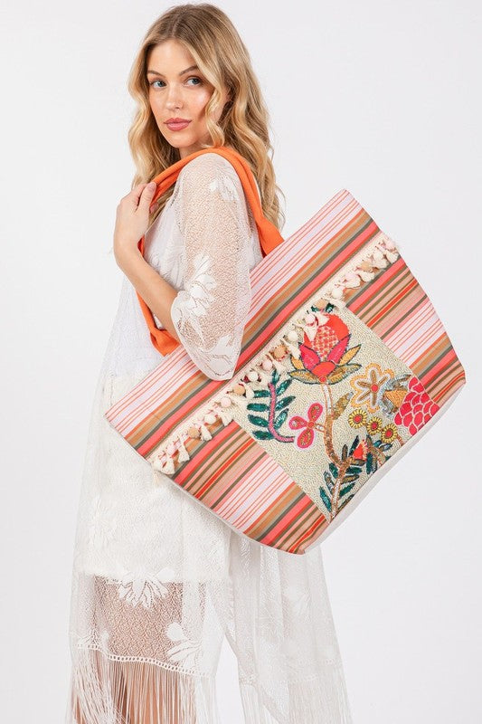 Various Flower and Tassel Beaded Tote Bag