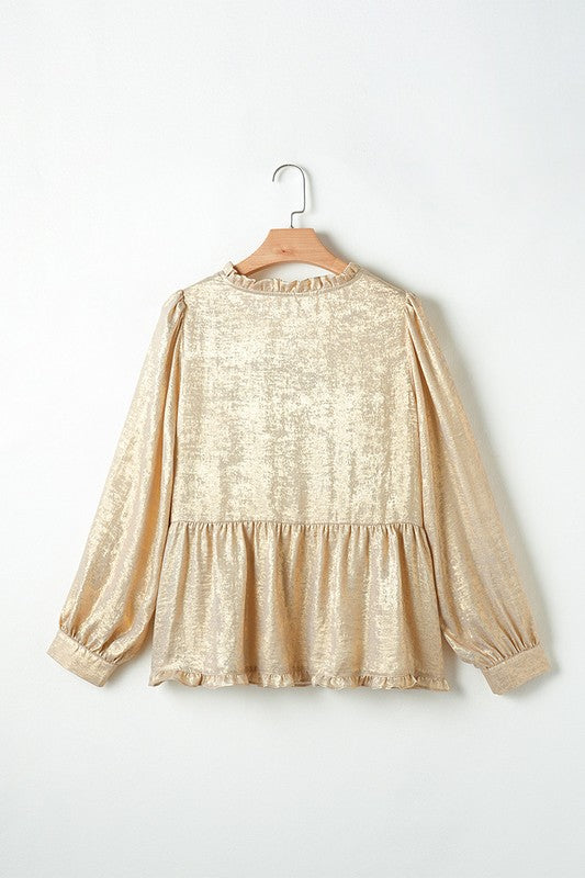 Women Metallic Frilled Puff Sleeve Babydoll Blouse