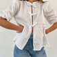 Tied Round Neck Balloon Sleeve Shirt