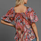 Umgee Full Size Abstract Print Smocked Square Neck Puff Sleeve Blouse