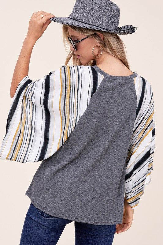 WAFFLE STRIPE MIX KIMONO TOP