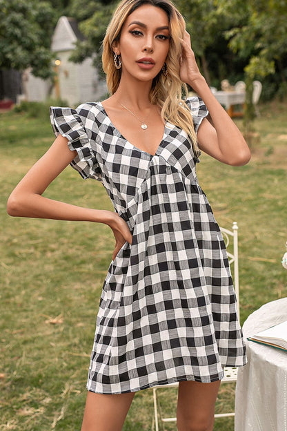 Ivy Lane Plaid Butterfly Sleeve Mini Dress