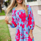 Lock Eyes Blue Big Floral Print Smocked Bubble Sleeve Dress