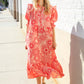 Can't Look Away Coral Notch Neck Scallop Trim Smock Sleeve Midi Dress