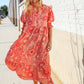 Can't Look Away Coral Notch Neck Scallop Trim Smock Sleeve Midi Dress