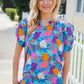 All For You Aqua Tropical Print Frill Notch Neck Puff Sleeve Top