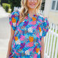 All For You Aqua Tropical Print Frill Notch Neck Puff Sleeve Top
