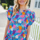 All For You Aqua Tropical Print Frill Notch Neck Puff Sleeve Top