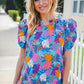 All For You Aqua Tropical Print Frill Notch Neck Puff Sleeve Top
