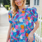 All For You Aqua Tropical Print Frill Notch Neck Puff Sleeve Top