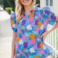 All For You Aqua Tropical Print Frill Notch Neck Puff Sleeve Top