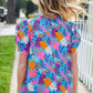 All For You Aqua Tropical Print Frill Notch Neck Puff Sleeve Top
