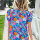 All For You Aqua Tropical Print Frill Notch Neck Puff Sleeve Top