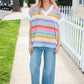 Bedazzled Rainbow Striped V Neck Drop Shoulder Thermal Knit Top