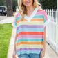 Bedazzled Rainbow Striped V Neck Drop Shoulder Thermal Knit Top