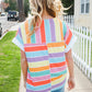 Bedazzled Rainbow Striped V Neck Drop Shoulder Thermal Knit Top