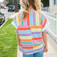 Bedazzled Rainbow Striped V Neck Drop Shoulder Thermal Knit Top