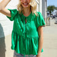 Casual Chic Green Bow Tie Detail Folded Puff Sleeve Babydoll Top