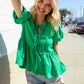 Casual Chic Green Bow Tie Detail Folded Puff Sleeve Babydoll Top