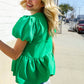 Casual Chic Green Bow Tie Detail Folded Puff Sleeve Babydoll Top