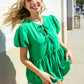 Casual Chic Green Bow Tie Detail Folded Puff Sleeve Babydoll Top