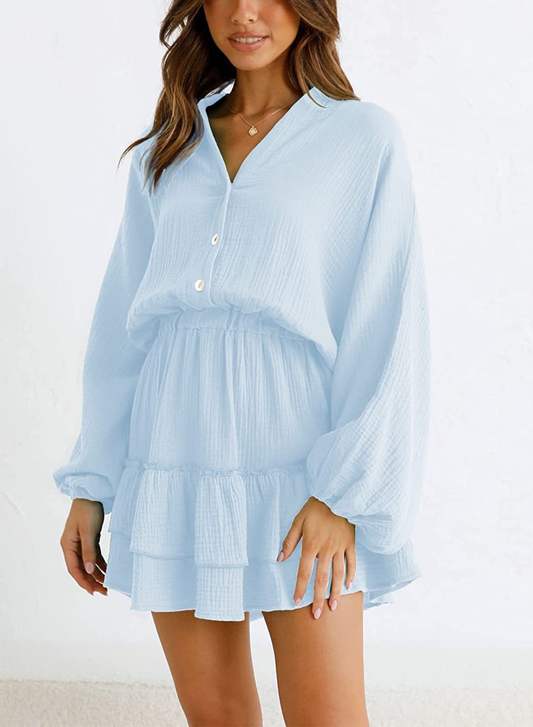 Ruffled Notched Balloon Sleeve Mini Dress