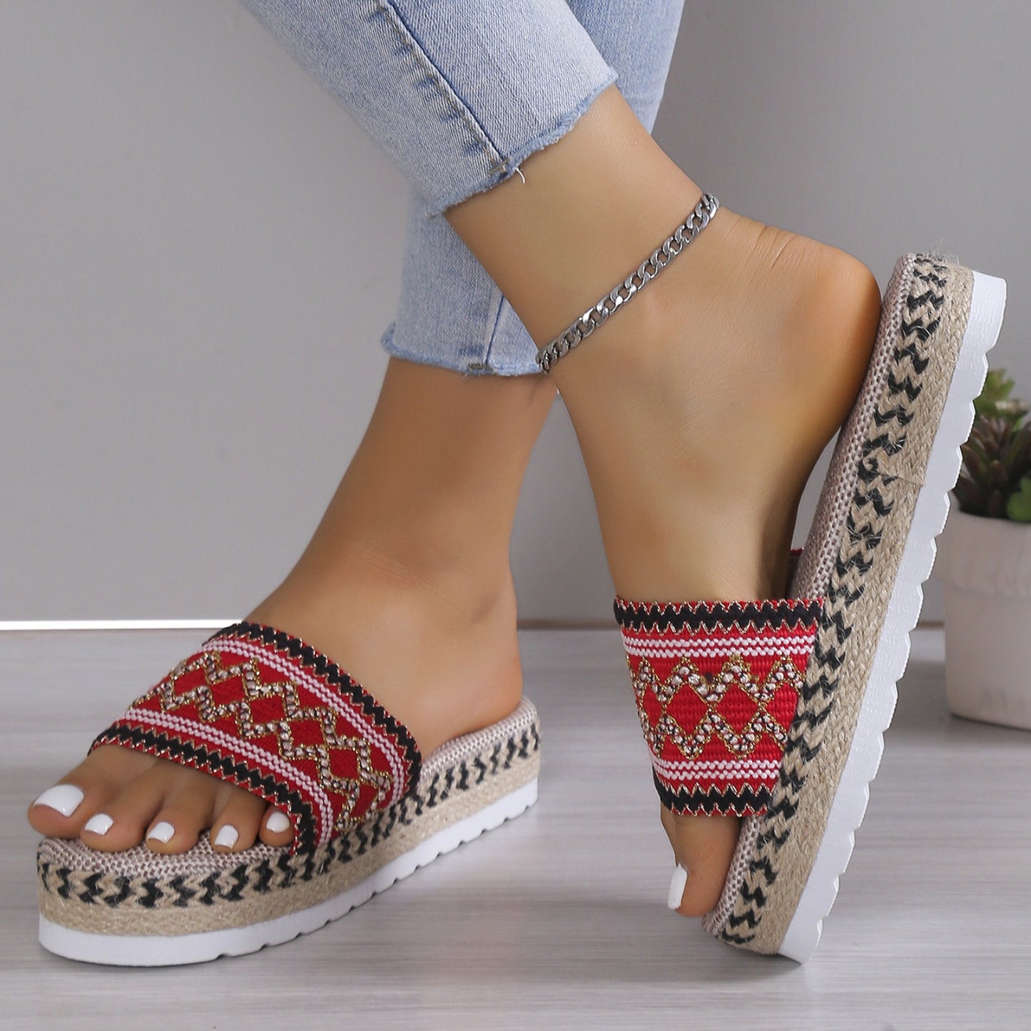 Geometric Woven Platform Slide Sandals