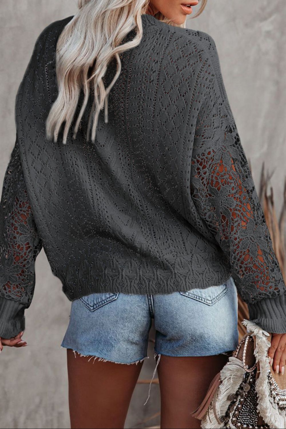 Openwork Lantern Sleeve Dropped Shoulder Sweater