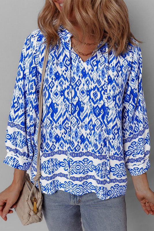 Women Boho Printed 3/4 Sleeve Tied Neck Blouse