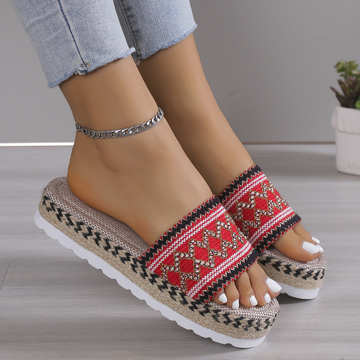 Boho Woven Platform Slide Sandals