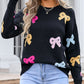 Angel Wings Bow Graphic Round Neck Long Sleeve Sweater