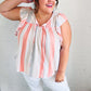 Coral & Light Blue Stripe Waffle Tie Neck Top