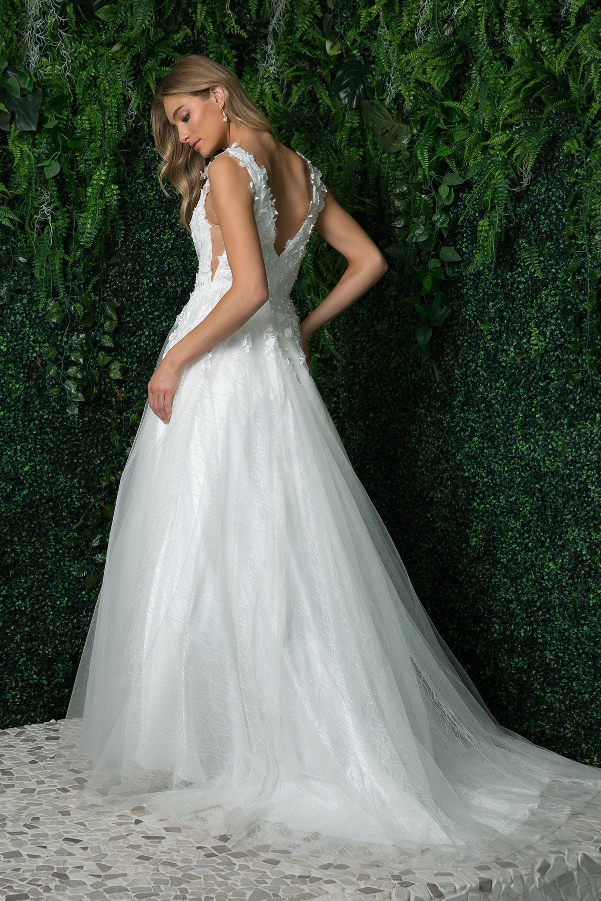 Deep V-Neck Open V-Back Long Wedding Dress NXJR930_2