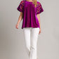 Umgee Full Size Velvet Embroidery Short Sleeve Blouse