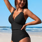 Scalloped V Neck Cut Out Monokini Swimwear