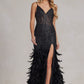 Embellished Feather Skirt V-Neck Open V-Back Side Slit Long Prom Dress NXC1119_18