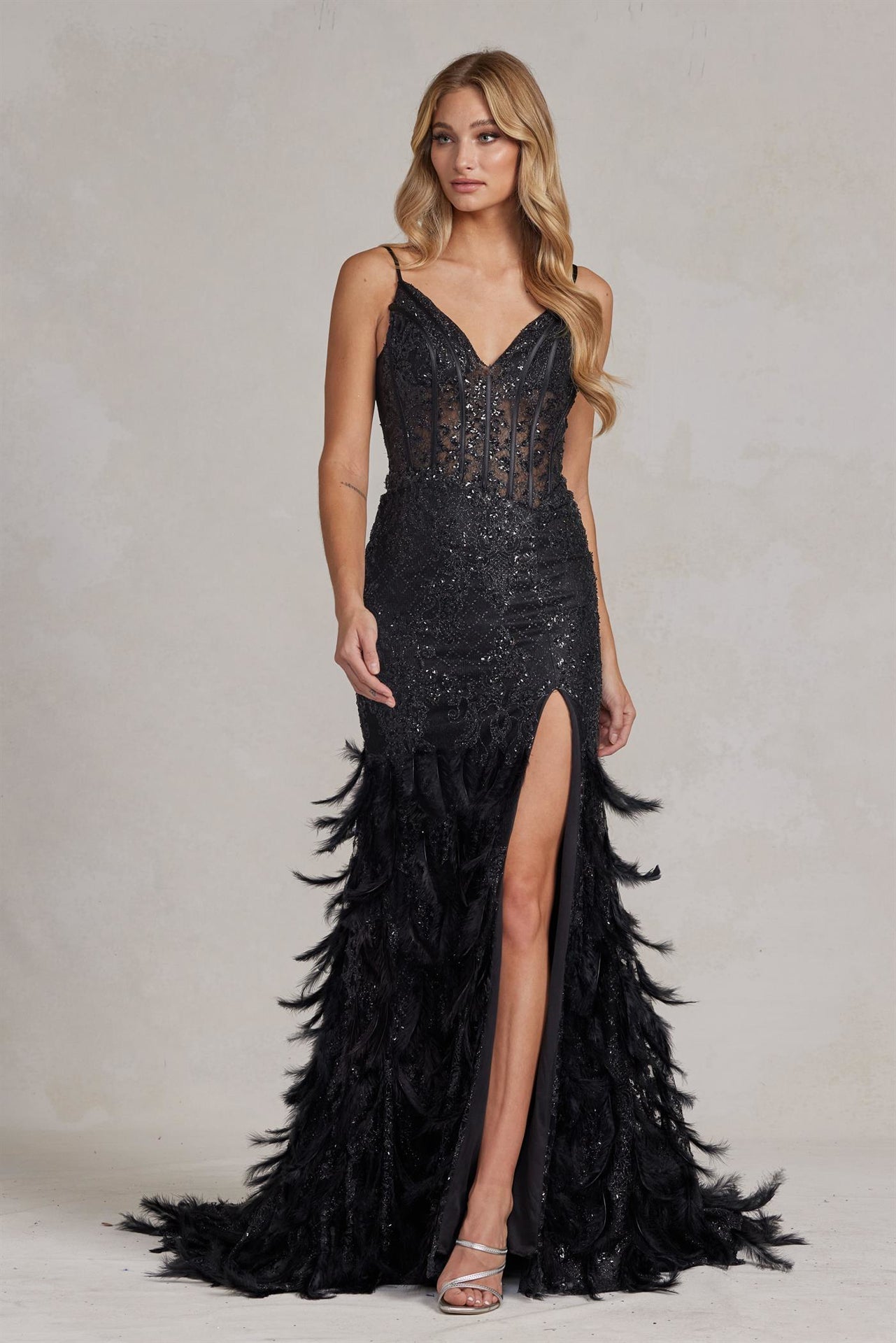 Embellished Feather Skirt V-Neck Open V-Back Side Slit Long Prom Dress NXC1119_18