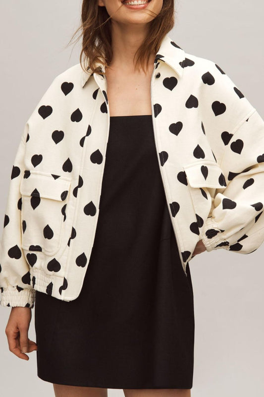 Heart Print Collared Neck Zip Up Jacket