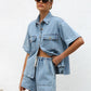 Collared Neck Button Up Top and Shorts Denim Set