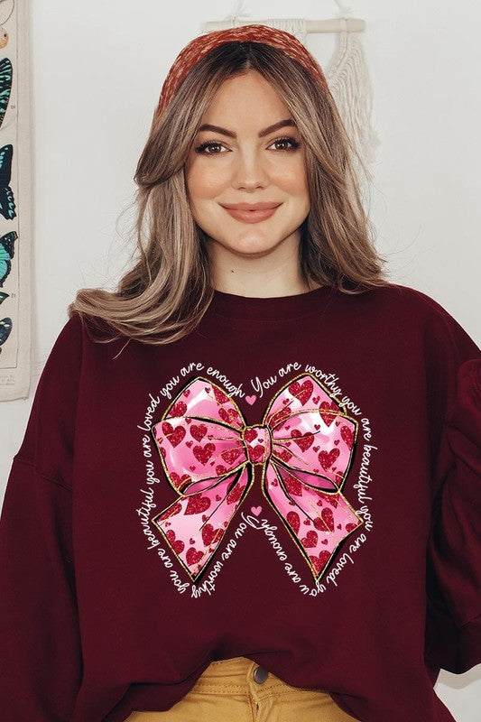 Valentine Bow Faux Glitter Graphic Plus Sweatshirt