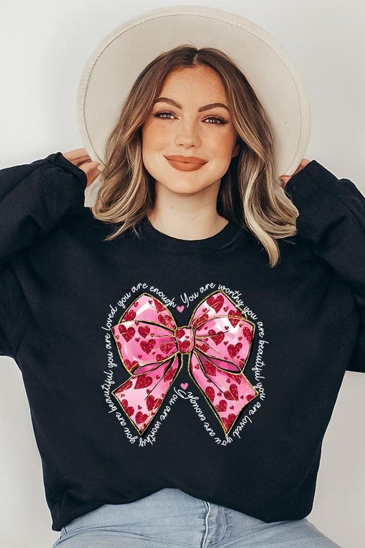 Valentine Bow Faux Glitter Graphic Plus Sweatshirt