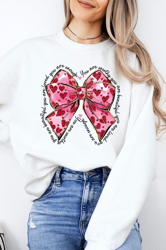 Valentine Bow Faux Glitter Graphic Plus Sweatshirt